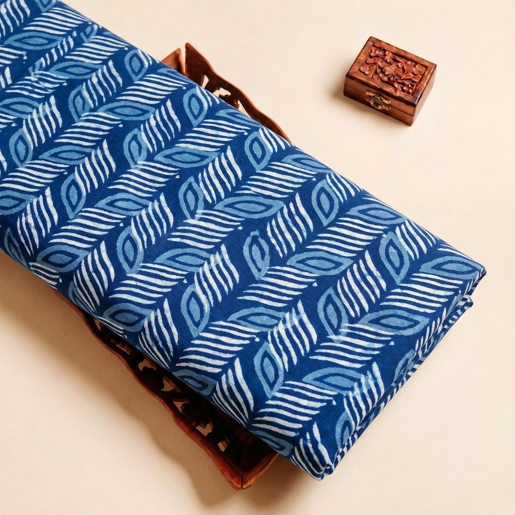 Indigo Hand Block Cotton Fabric, folded