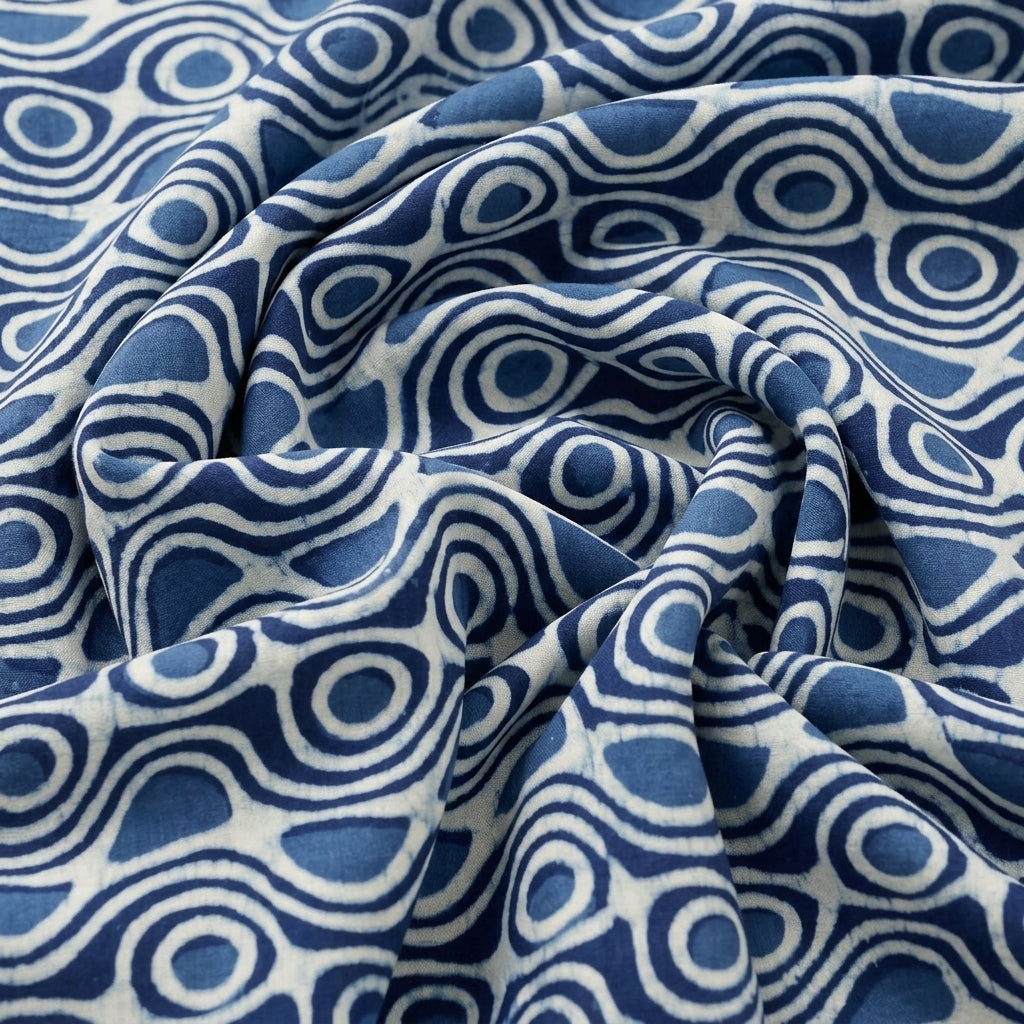 Swirled Indigo Hand block Cotton Fabric Showing Drape