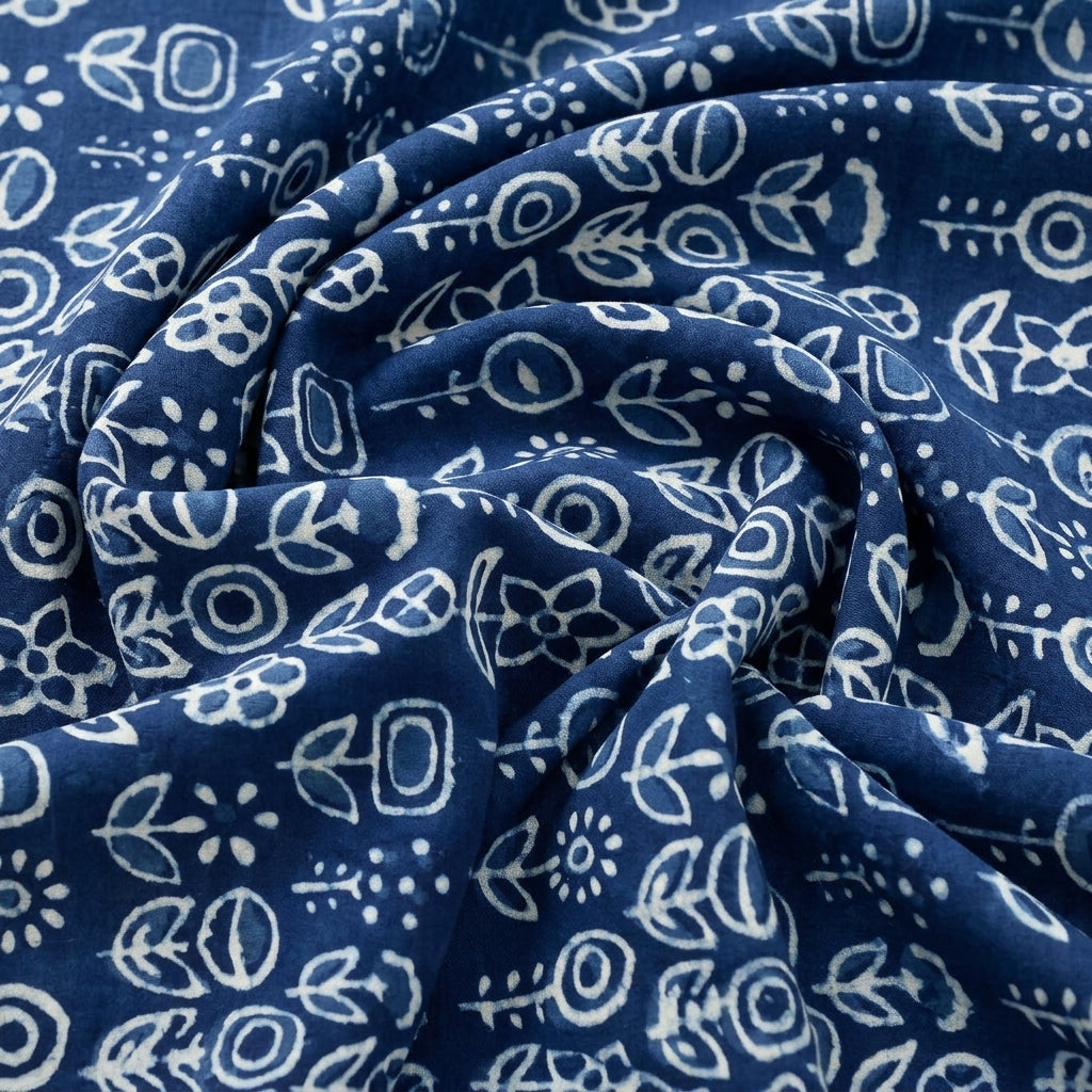 Indigo Hand Block Cotton Fabric, swirled to show the drape