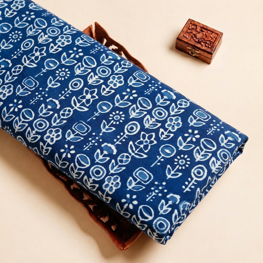 Indigo Hand Block Cotton Fabric, folded
