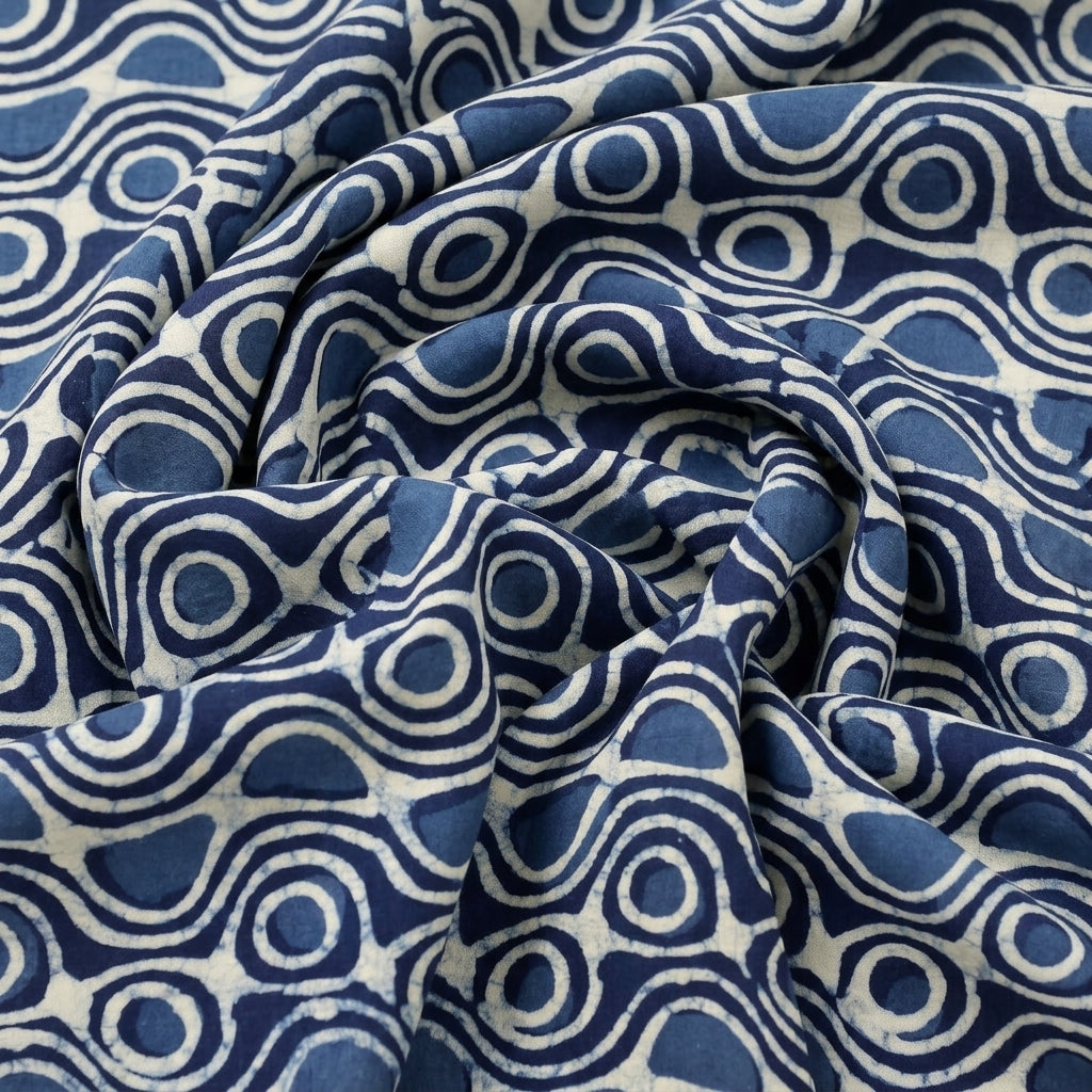 Swirled Indigo Hand block Cotton Fabric Showing Drape