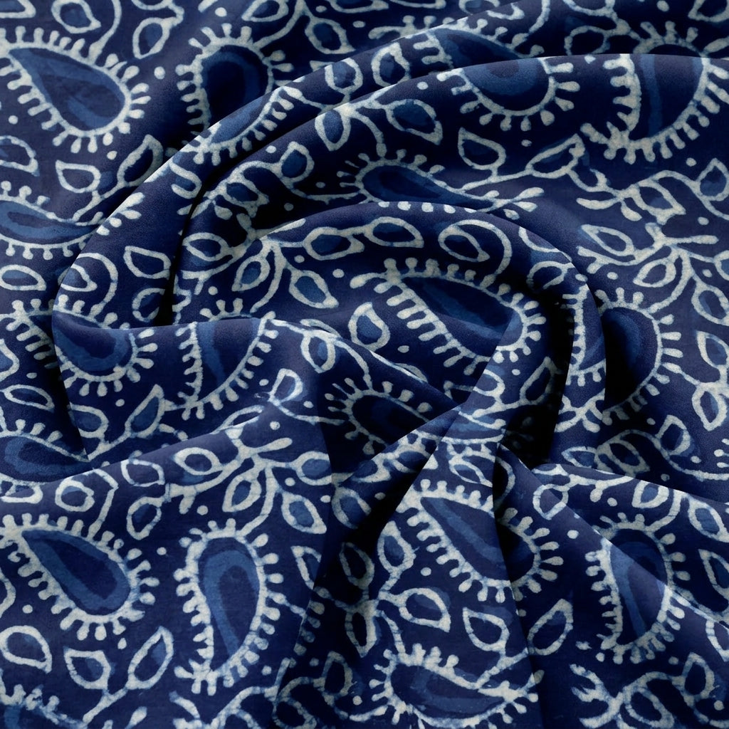 Swirled Indigo Hand block Cotton Fabric Showing Paisley and Drape