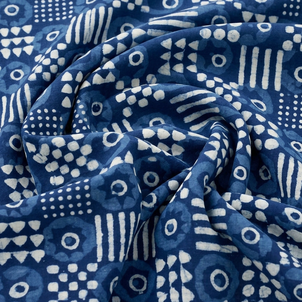 Swirled Indigo Hand block Cotton Fabric Showing Drape