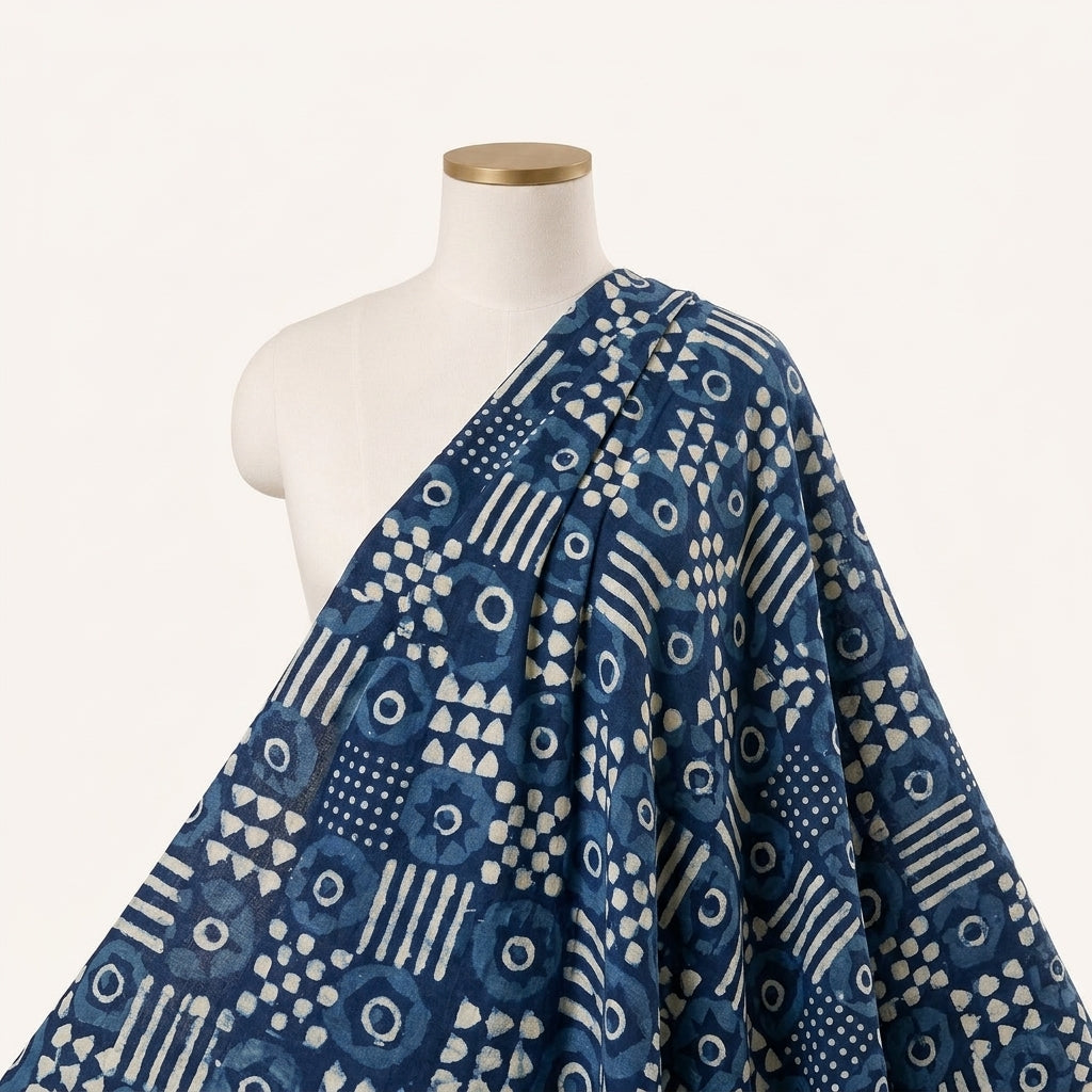 Indigo Hand block Cotton Fabric Draped as a saree