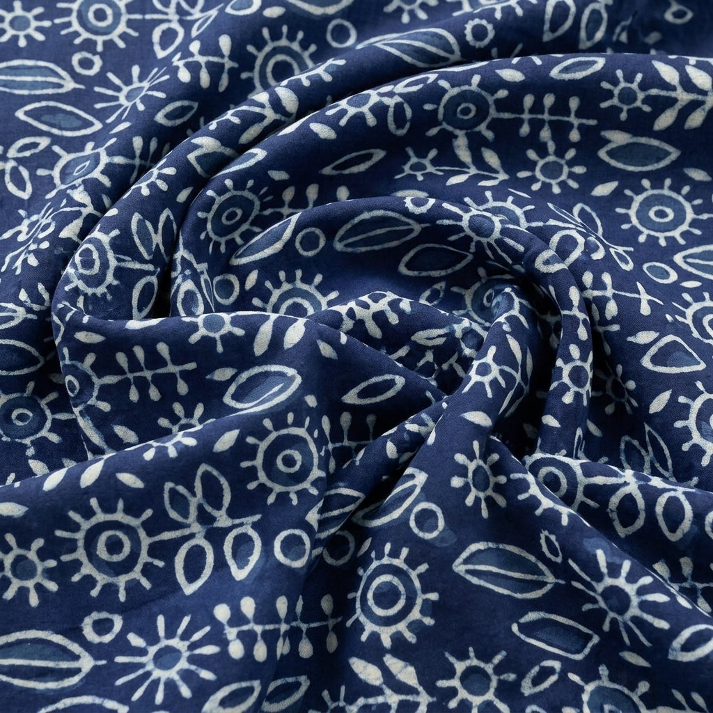 Swirled Indigo Hand block Cotton Fabric Showing Floral and Drape