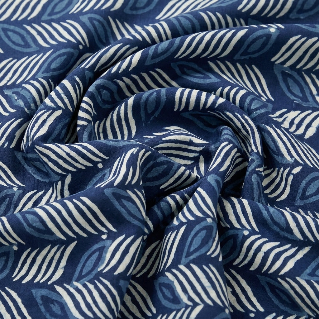 Swirled Indigo Hand block Cotton Fabric Showing Drape