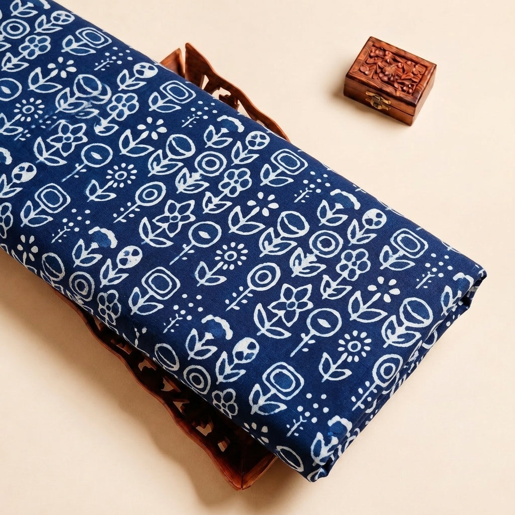 Indigo Hand block Cotton Fabric with Floral