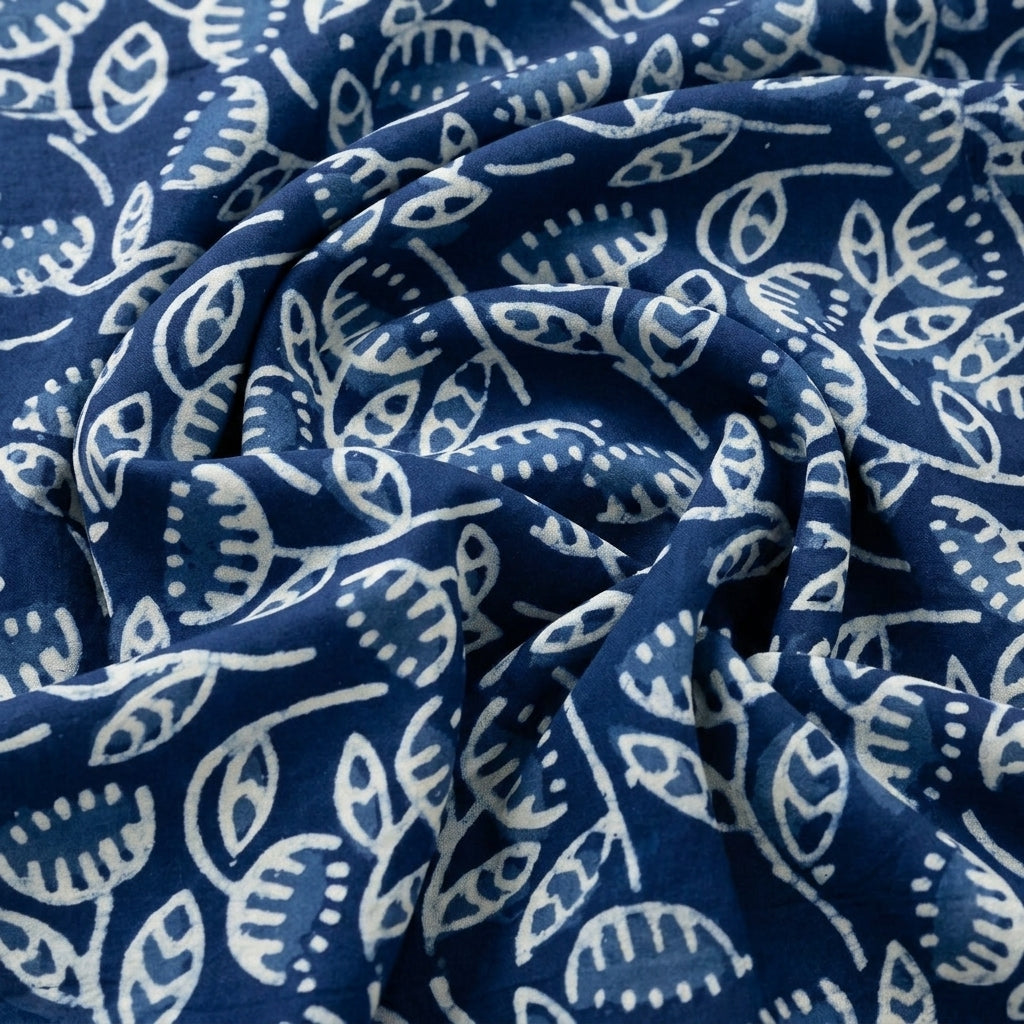 Swirled Indigo Hand block Cotton Fabric Showing Floral and Drape