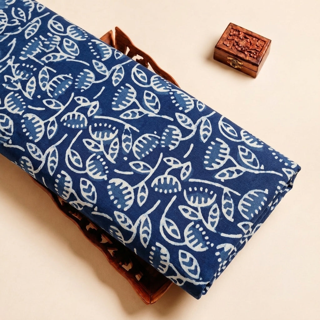 Indigo Hand block Cotton Fabric with Floral