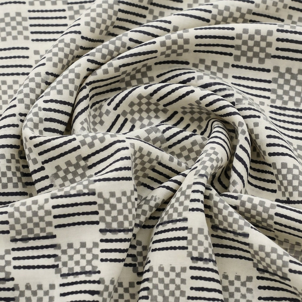 Swirled White Printed Cotton Fabric Showing Drape