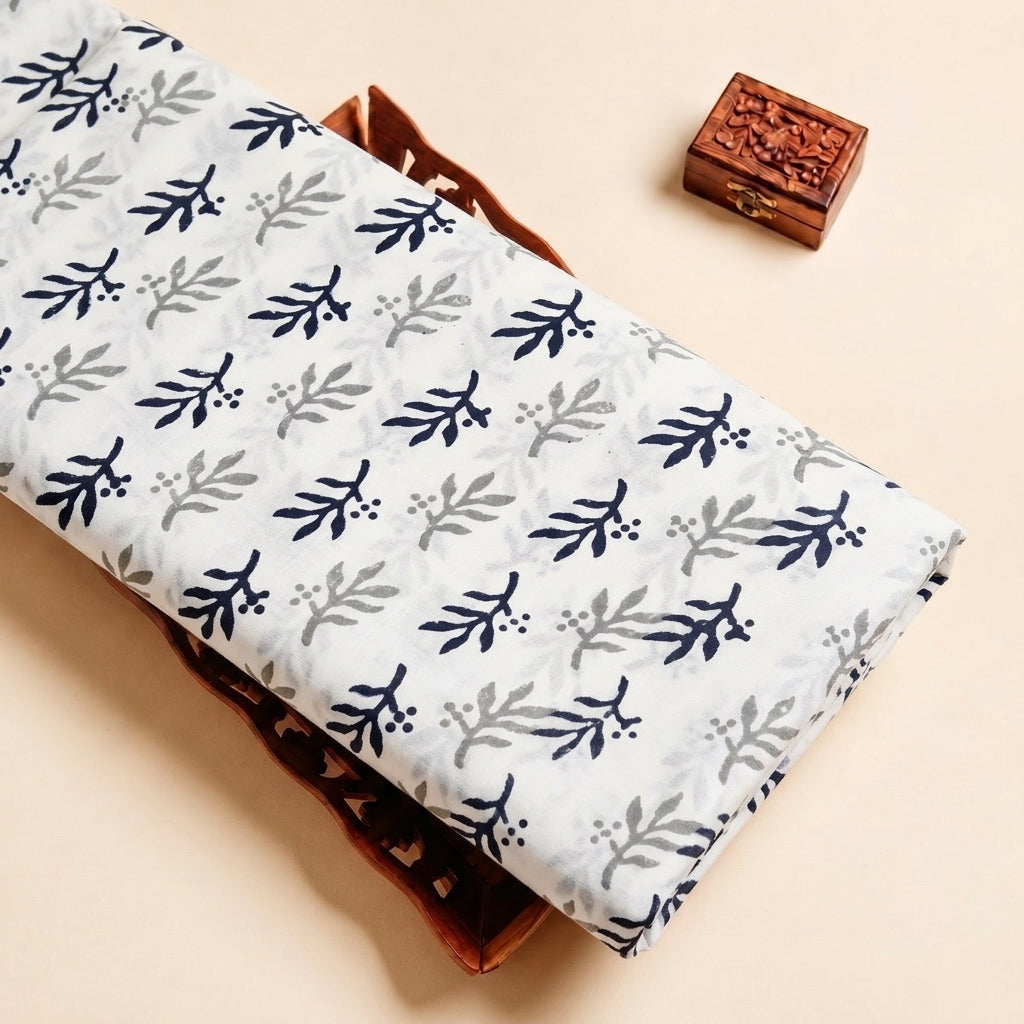White Hand block Cotton Fabric