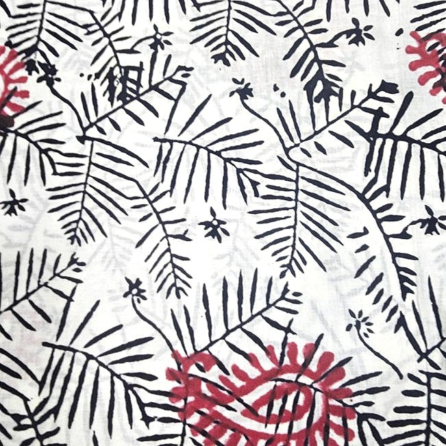 White Hand block Cotton Fabric, laid flat