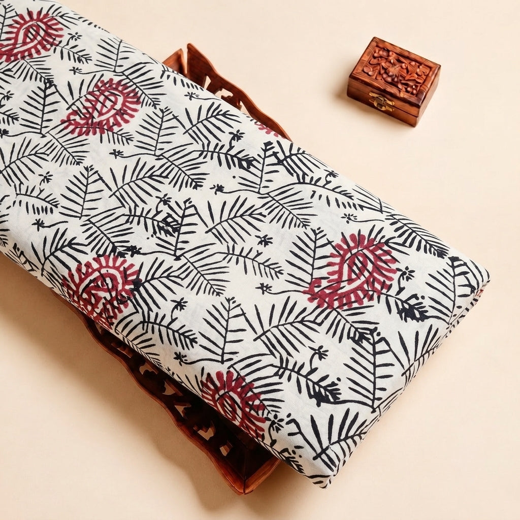 White Hand block Cotton Fabric with Paisley