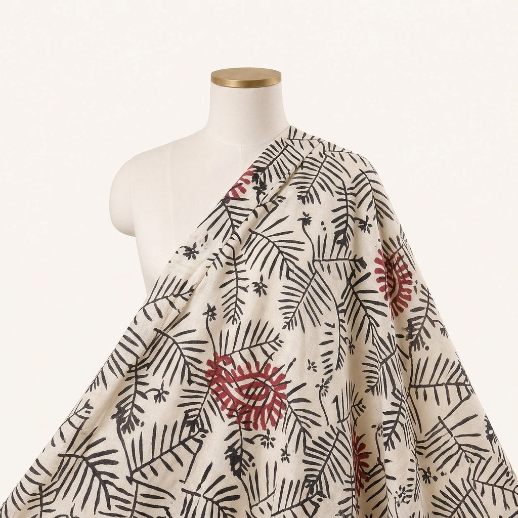White Hand block Cotton Fabric Draped as a saree