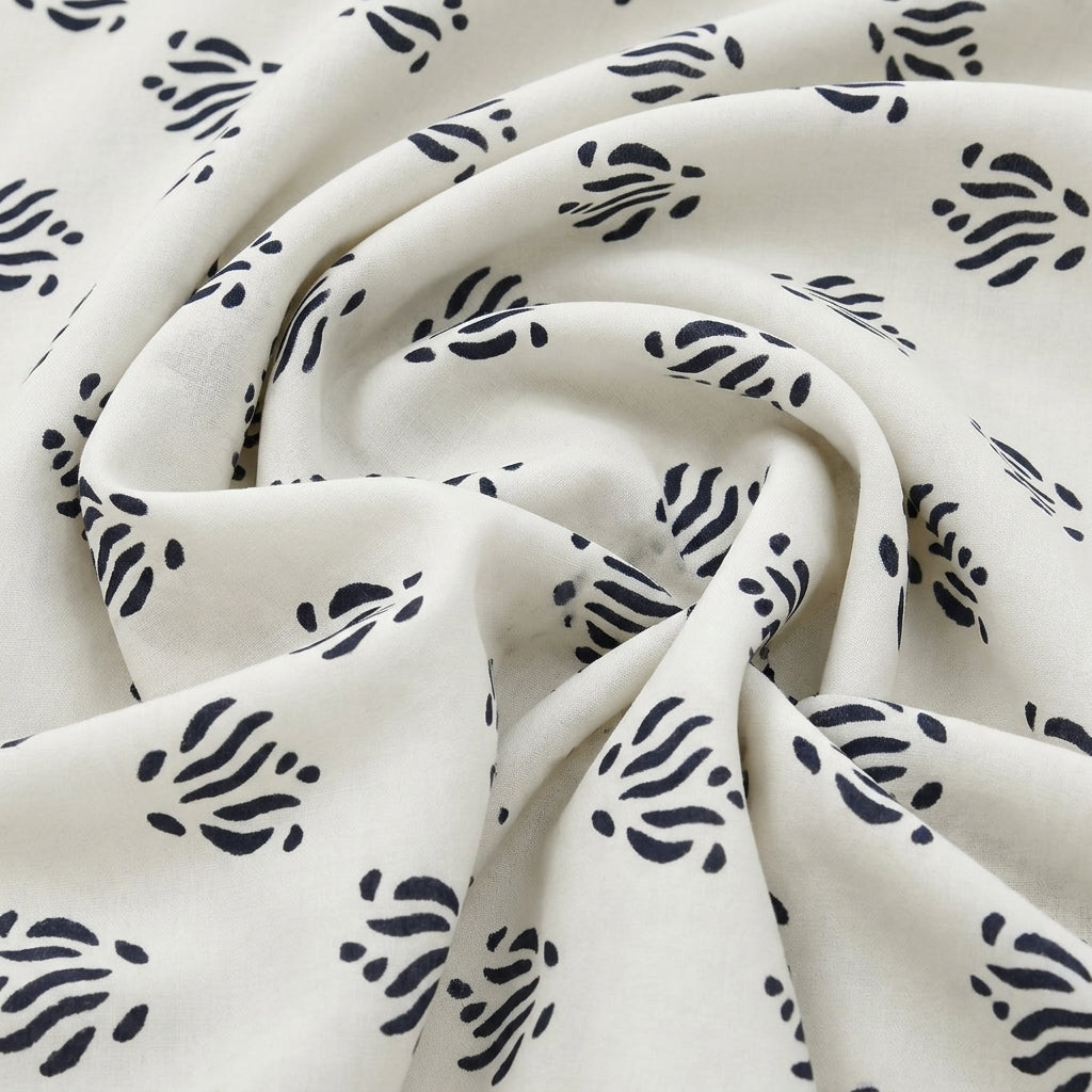 Swirled White Hand block Cotton Fabric Showing Drape