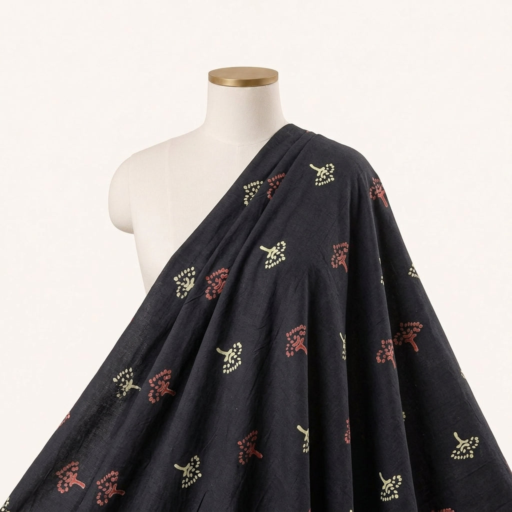 Black Hand block Cotton Fabric Draped as a saree