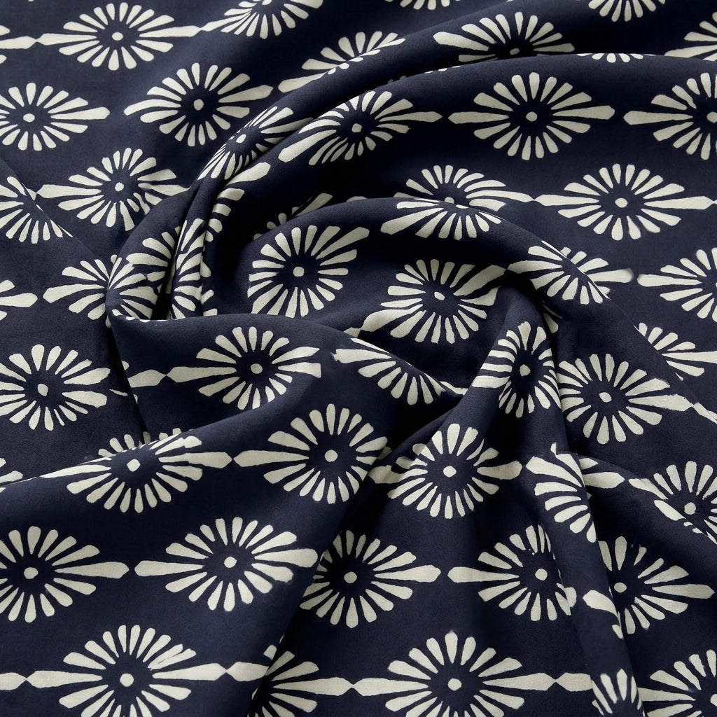 Black Hand block Cotton Fabric, swirled to show the drape