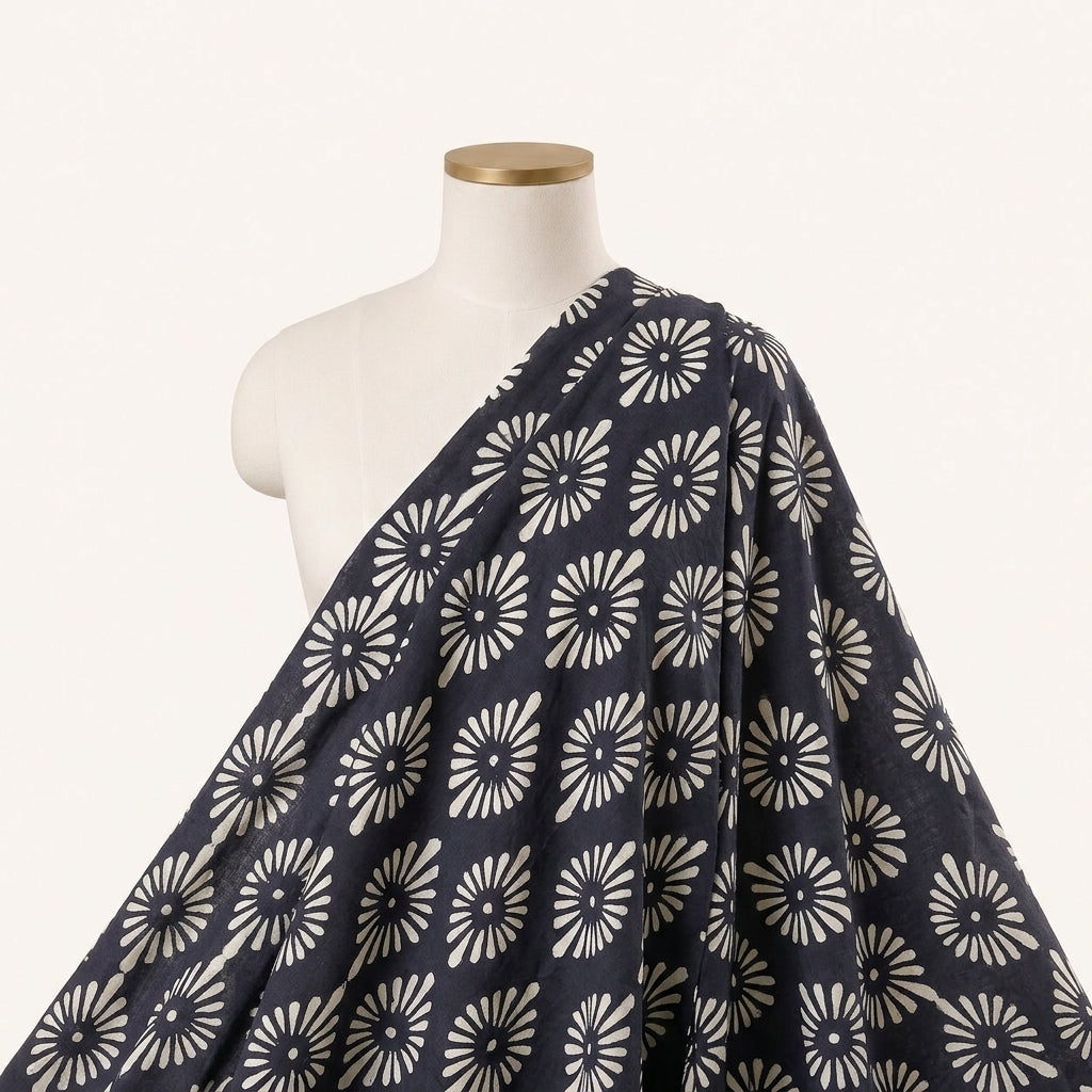 Black Hand block Cotton Fabric, draped as a saree