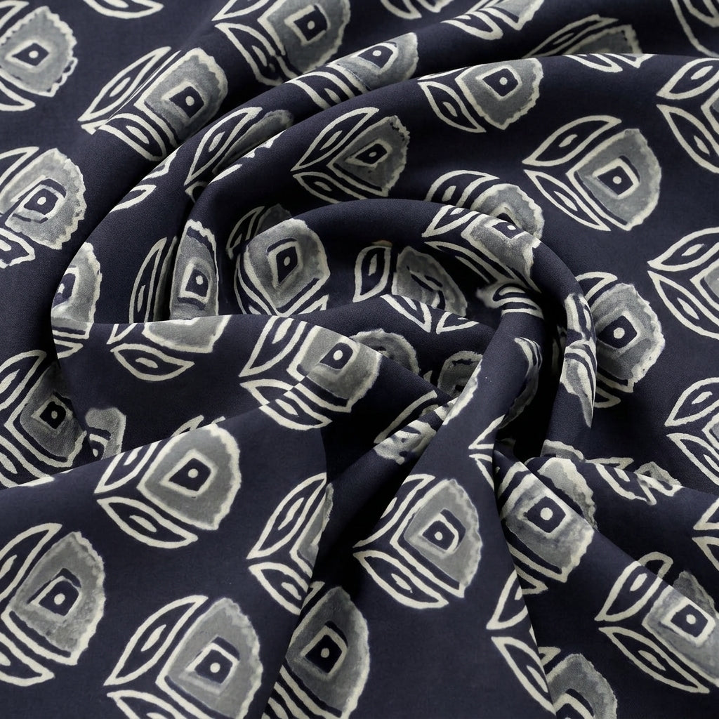 Swirled Black Hand block Cotton Fabric Showing Floral and Drape