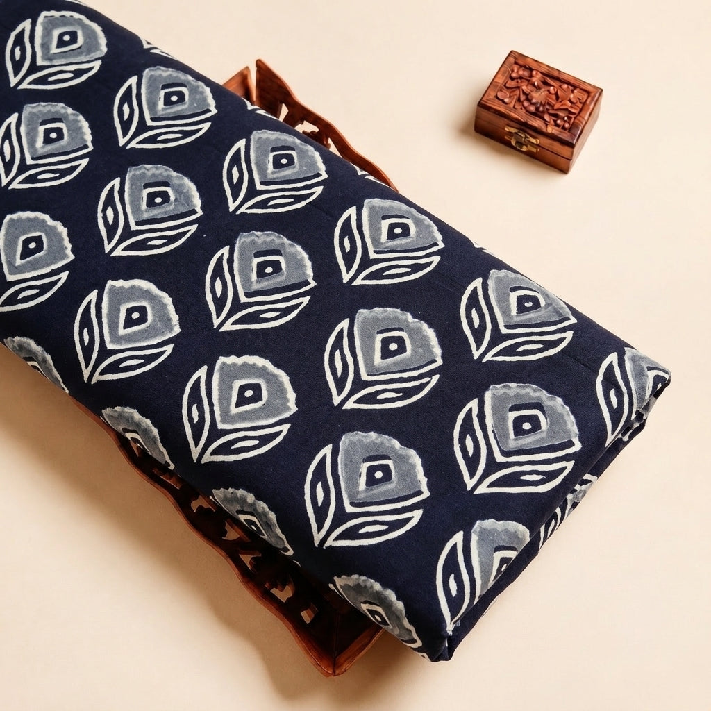 Black Hand block Cotton Fabric with Floral