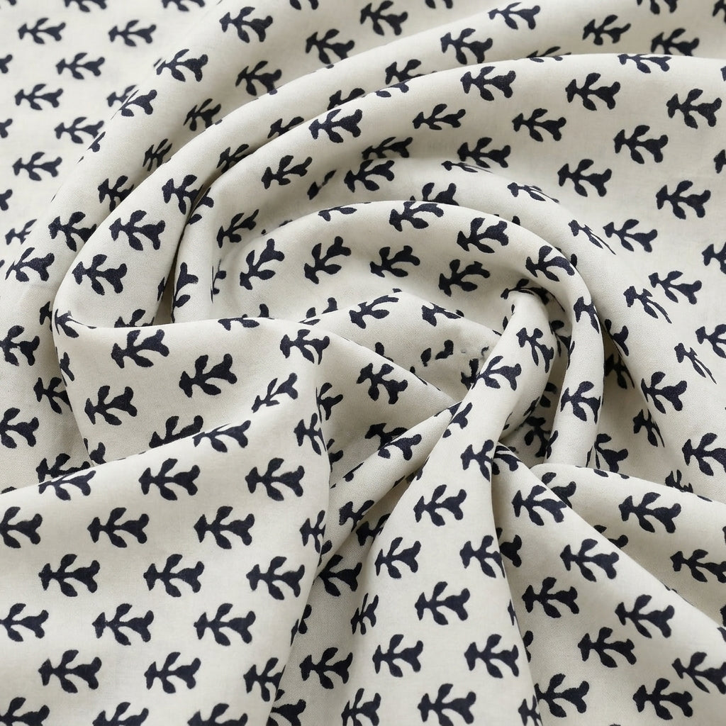 Swirled White Hand block Cotton Fabric Showing Drape