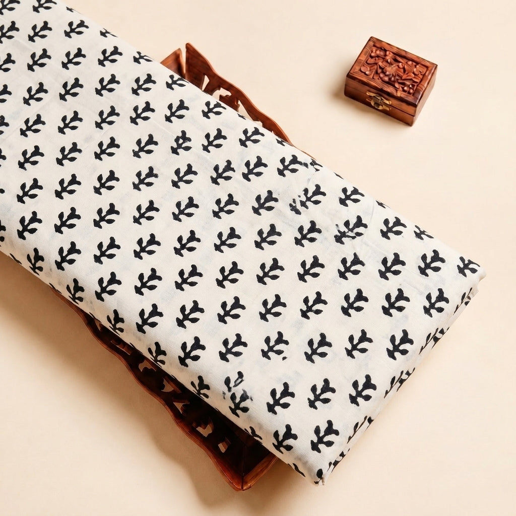 White Hand block Cotton Fabric
