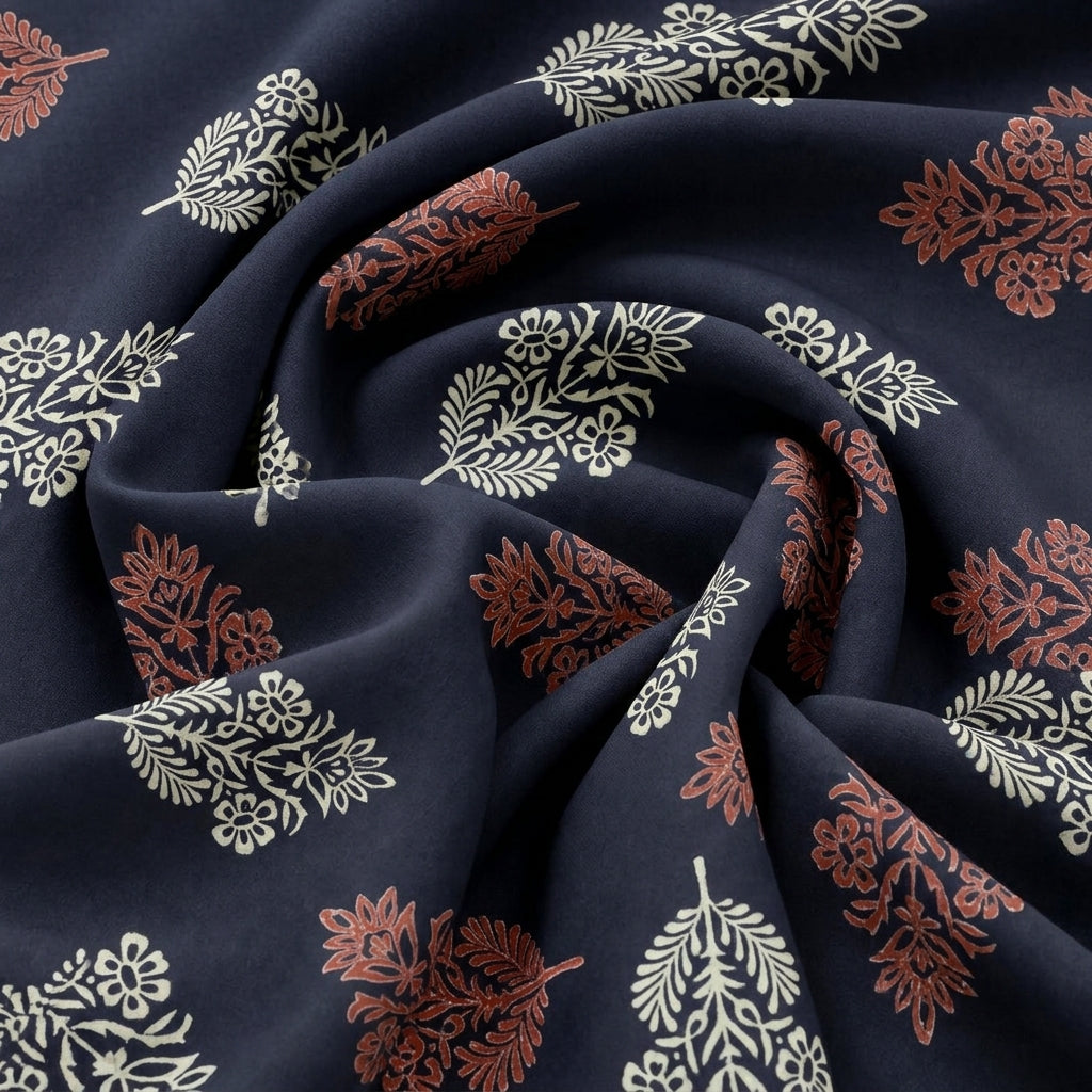 Black Hand block Cotton Fabric, swirled to show the drape