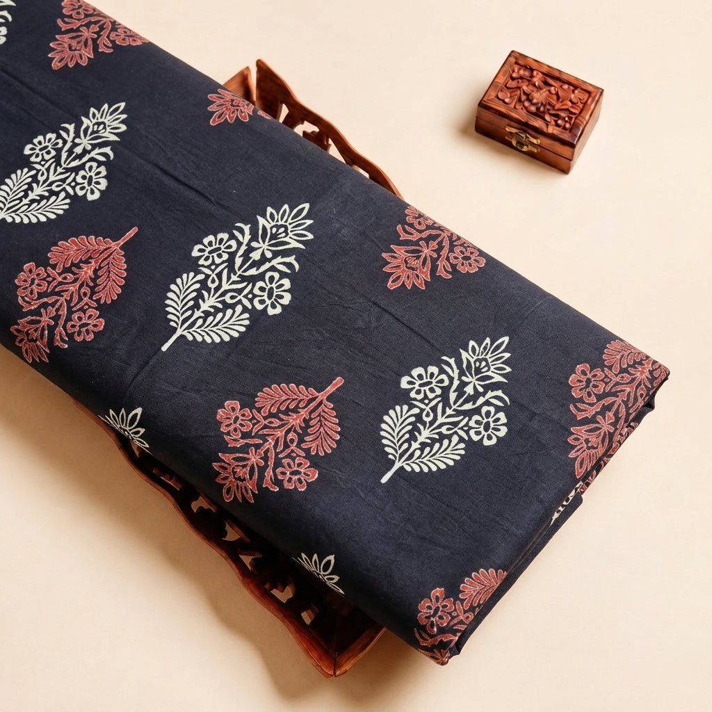 Black Hand block Cotton Fabric, folded