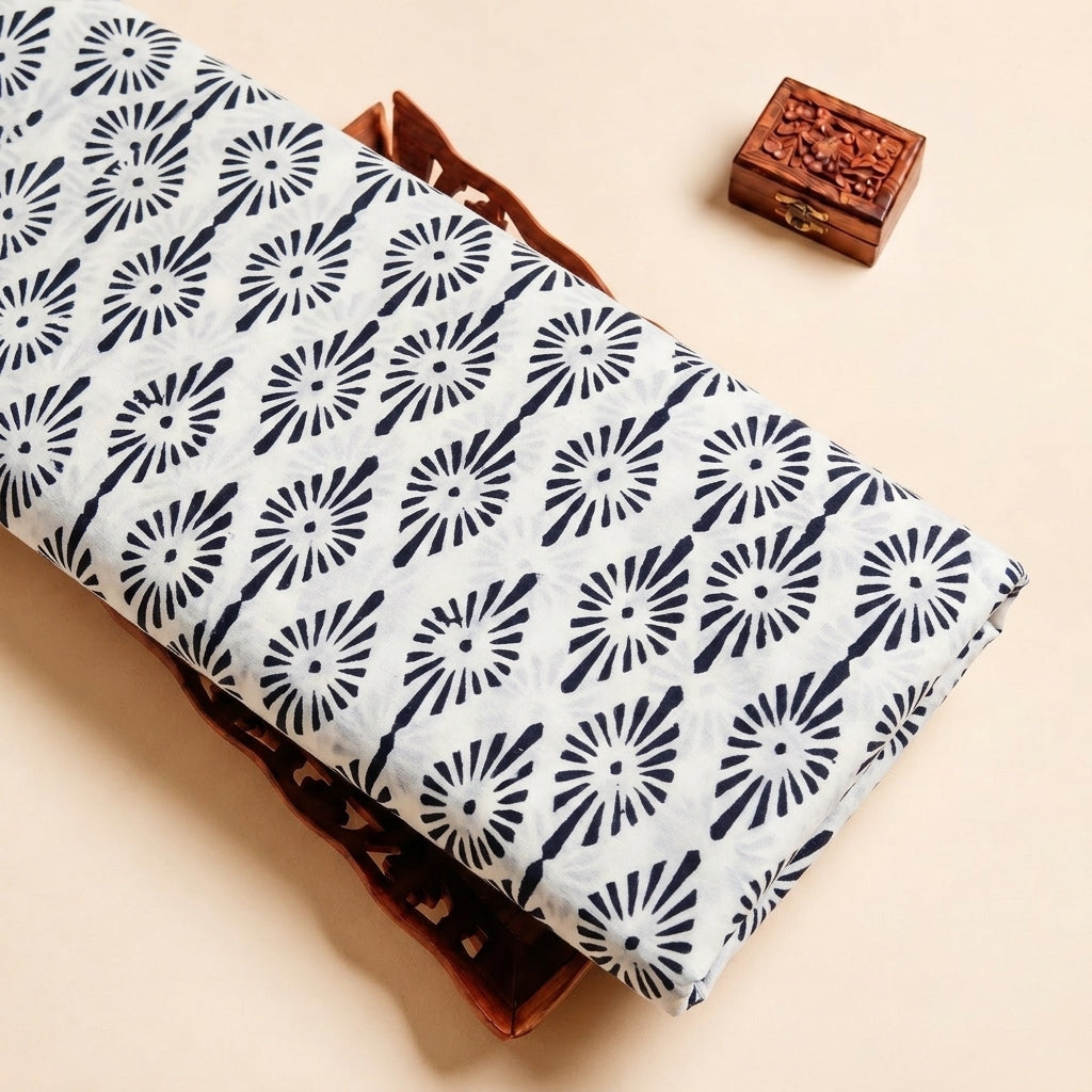 White Hand block Cotton Fabric