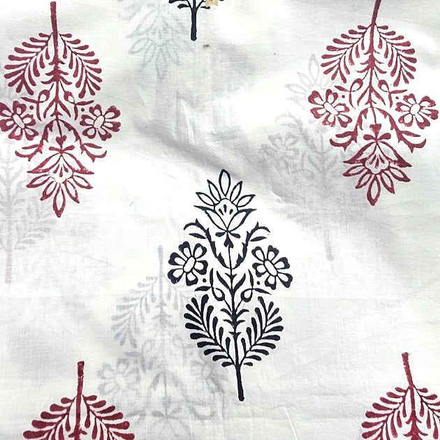 White Hand block Cotton Fabric, laid flat