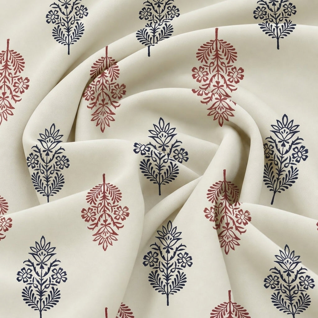 White Hand block Cotton Fabric, swirled to show the drape