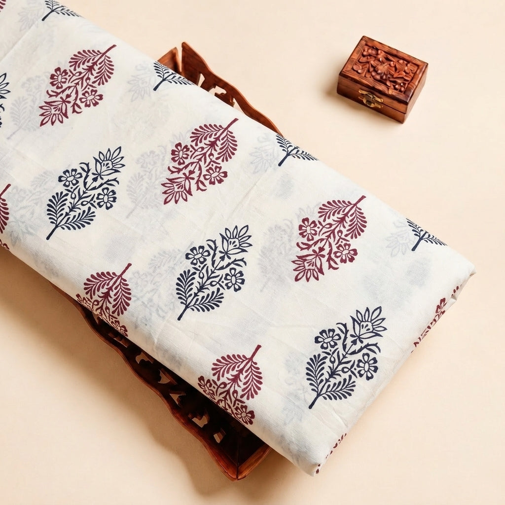 White Hand block Cotton Fabric