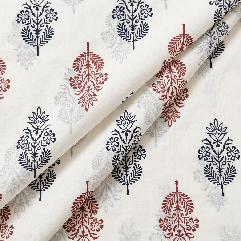 White Hand block Cotton Fabric, folded