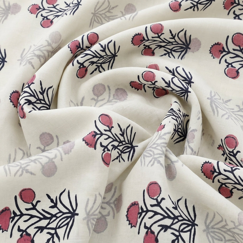 White Hand block Cotton Fabric, swirled to show the drape