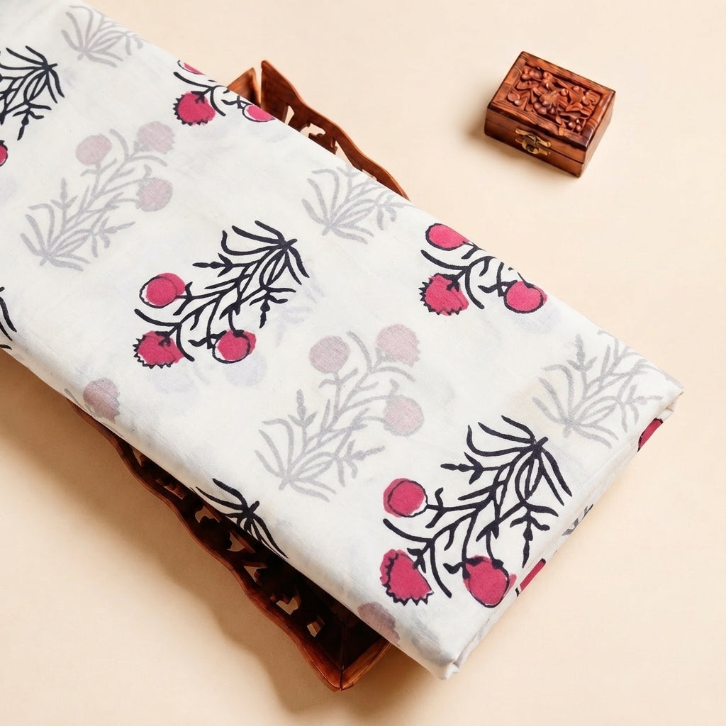 White Hand block Cotton Fabric