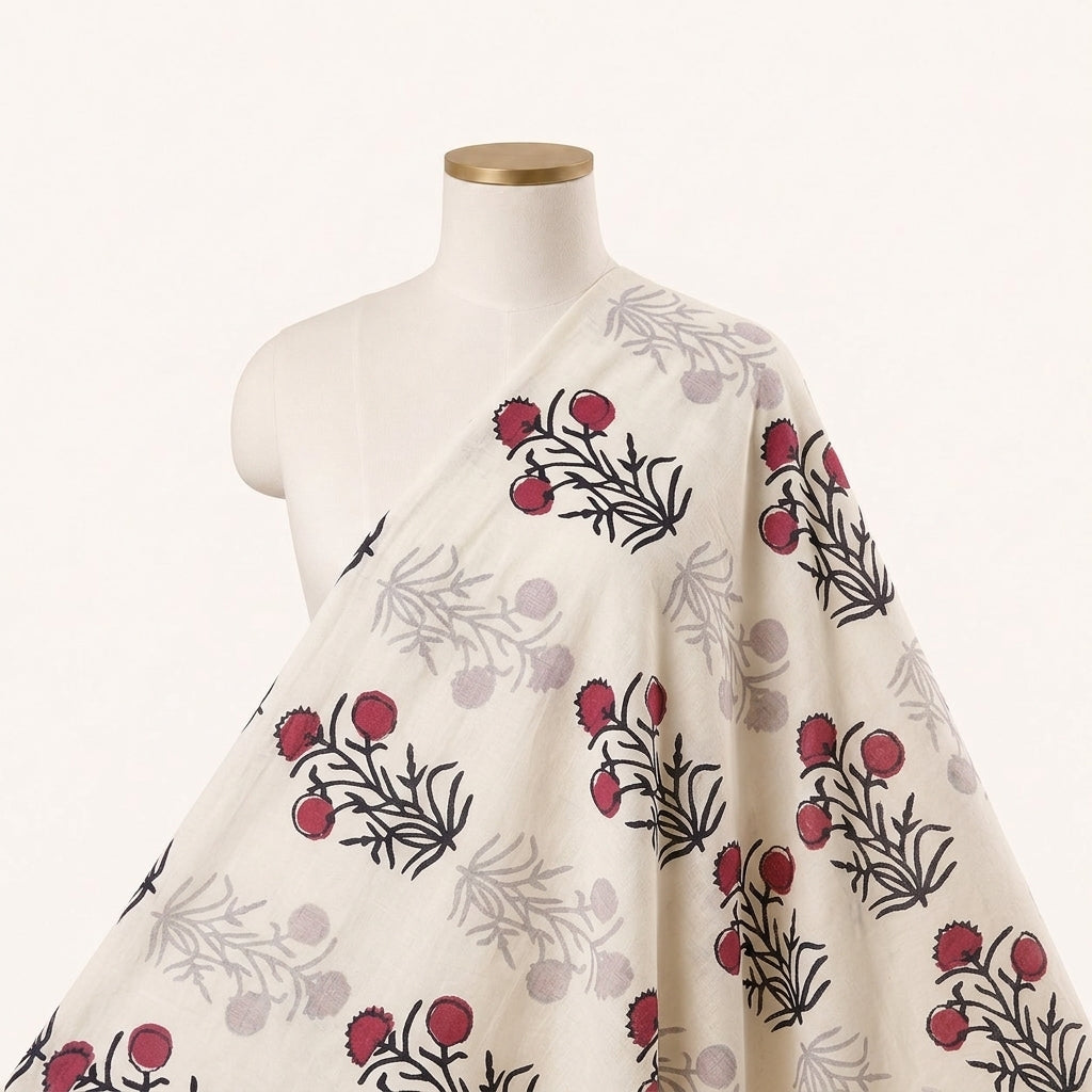 White Hand block Cotton Fabric, draped as a saree