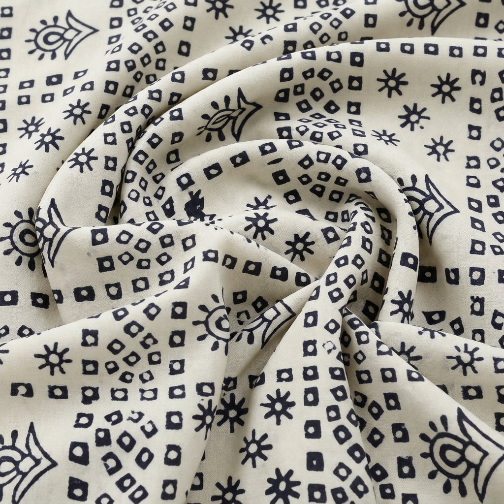 Swirled White Hand block Cotton Fabric Showing Drape