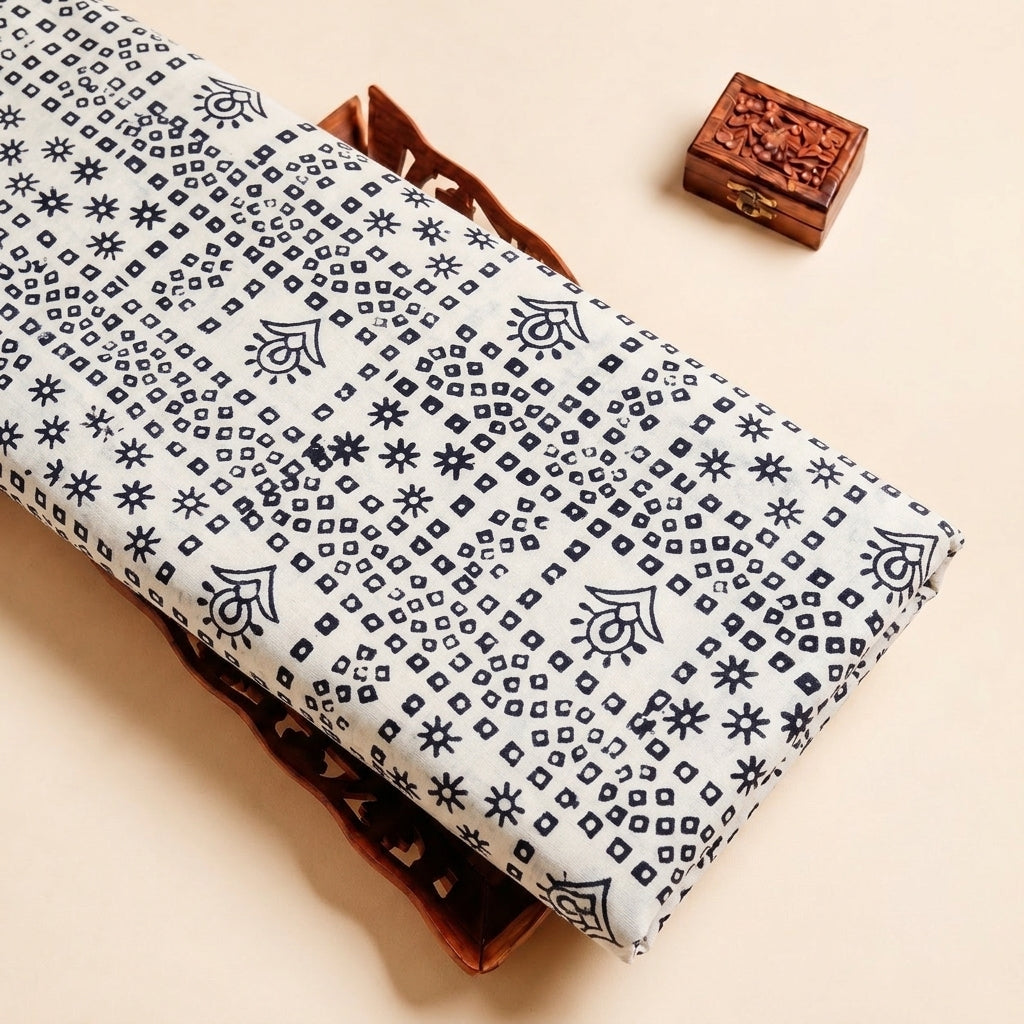 White Hand block Cotton Fabric