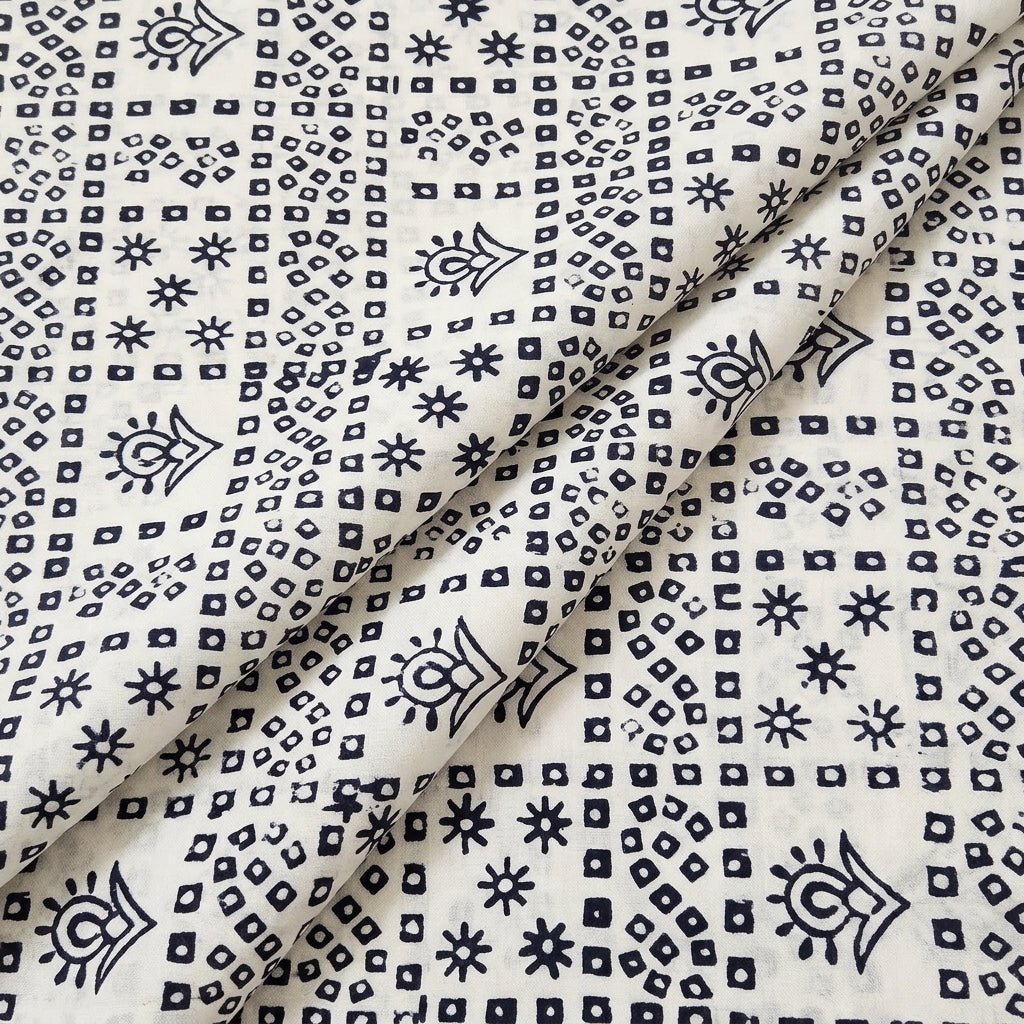 White Hand Block Cotton Fabric, folded