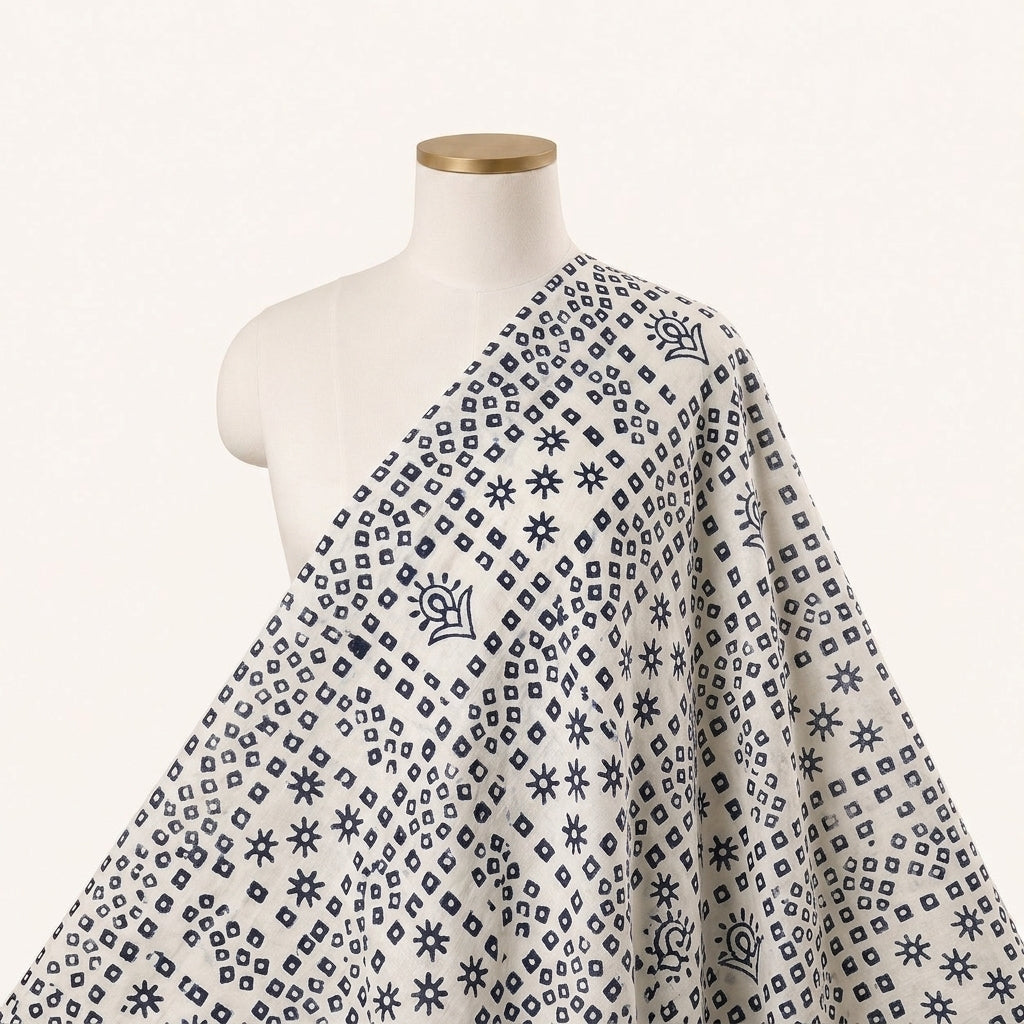 White Hand Block Cotton Fabric, draped as a saree