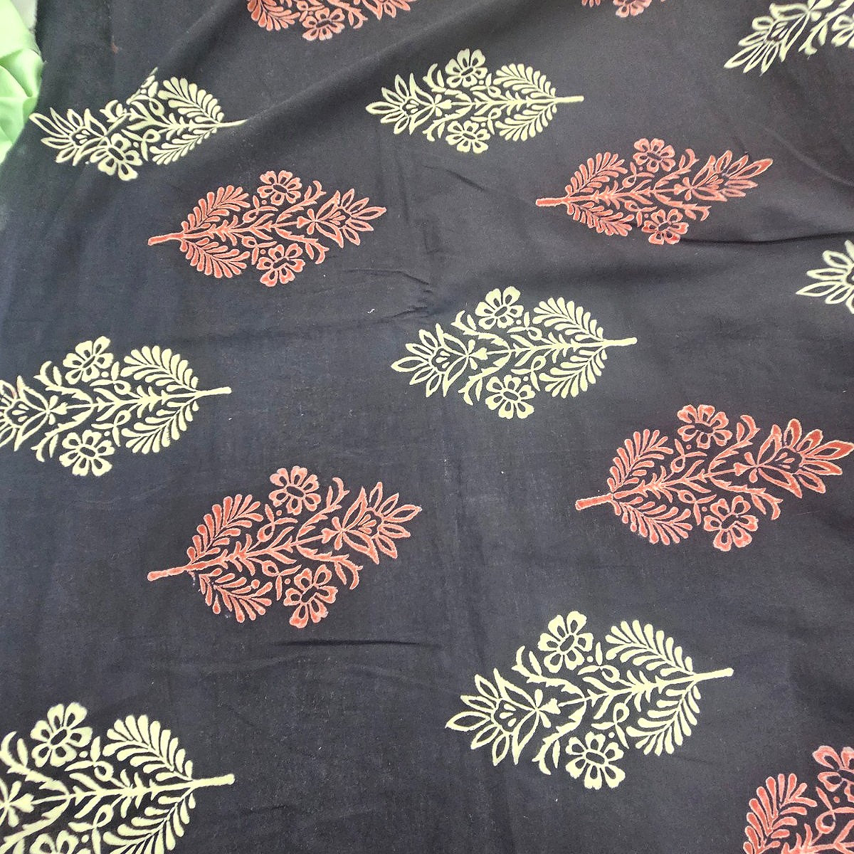 Black Hand block Cotton Fabric, laid flat