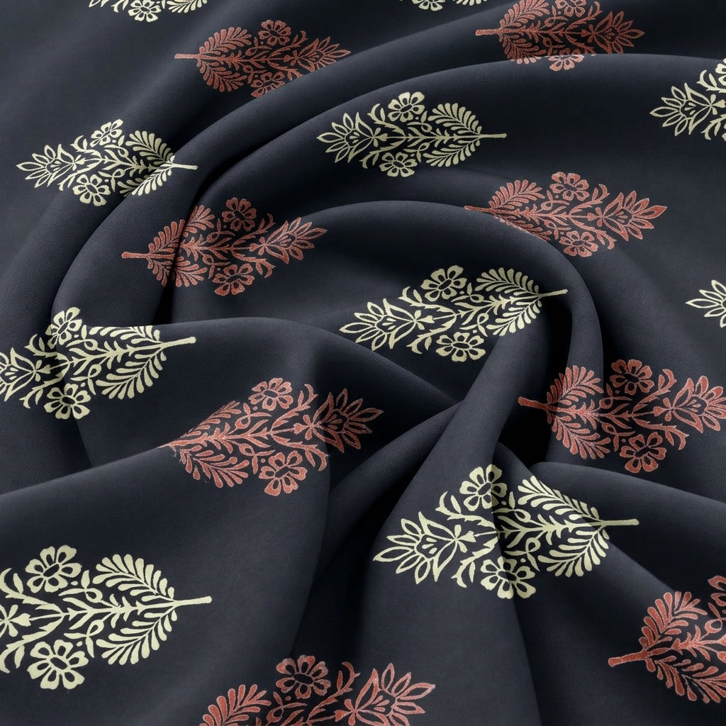 Swirled Black Hand block Cotton Fabric Showing Drape