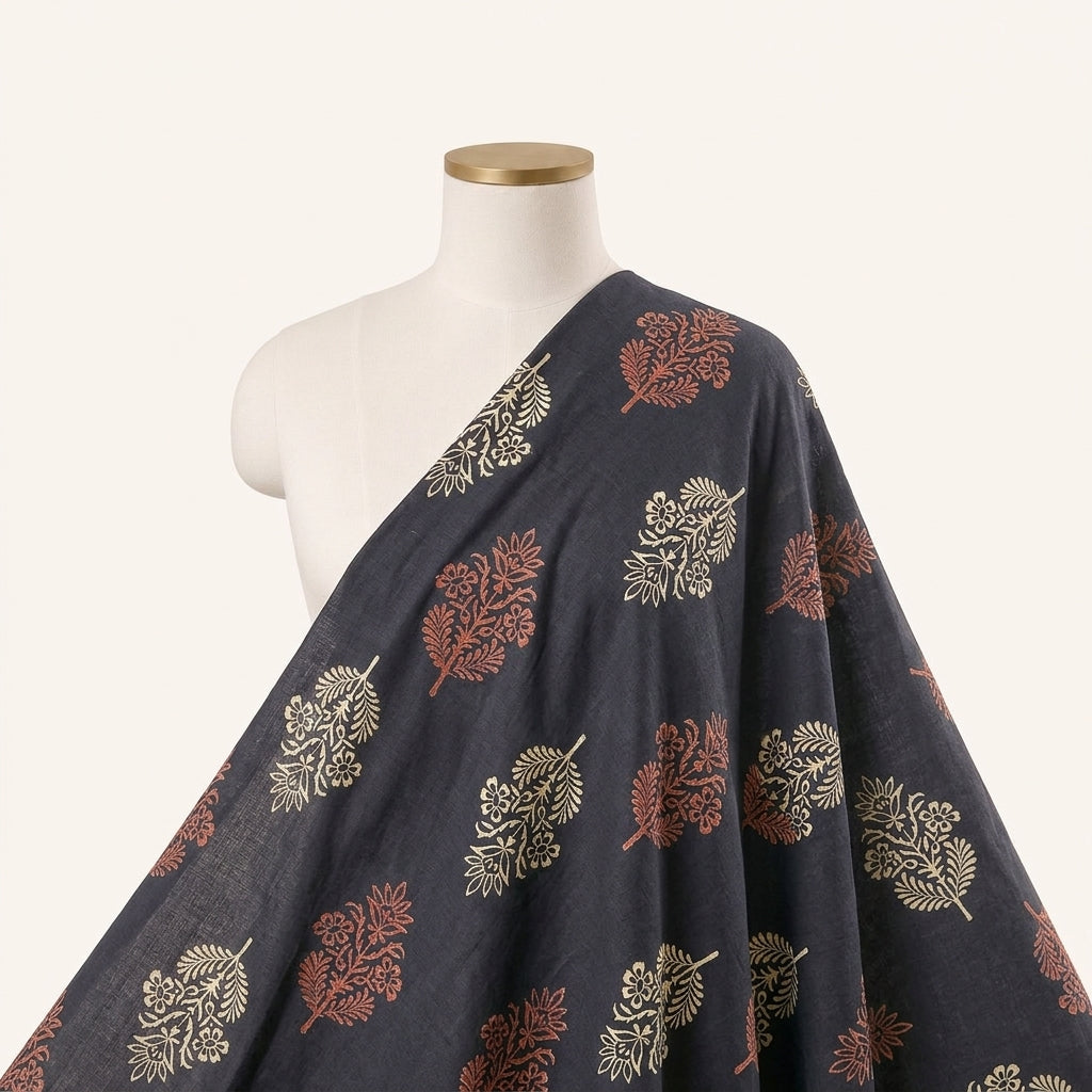 Black Hand block Cotton Fabric Draped as a saree