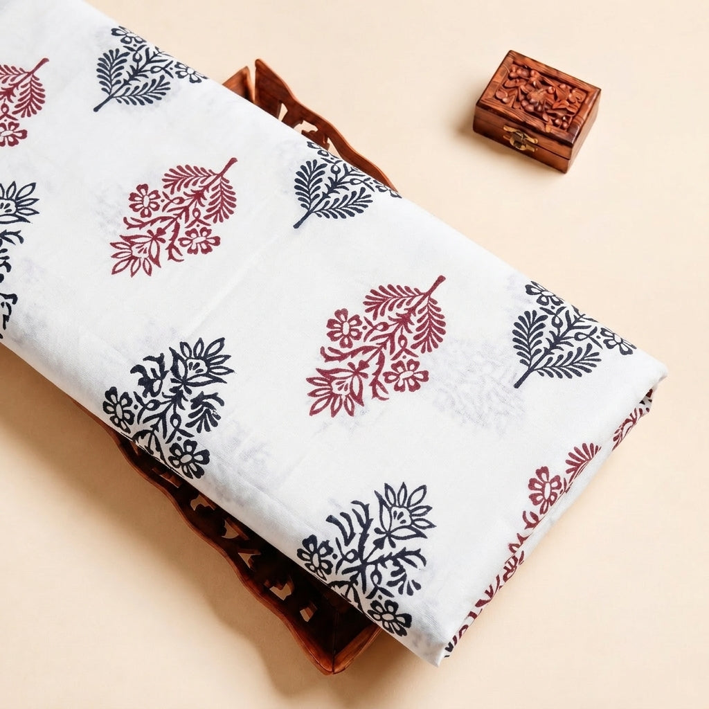 White Hand block Cotton Fabric