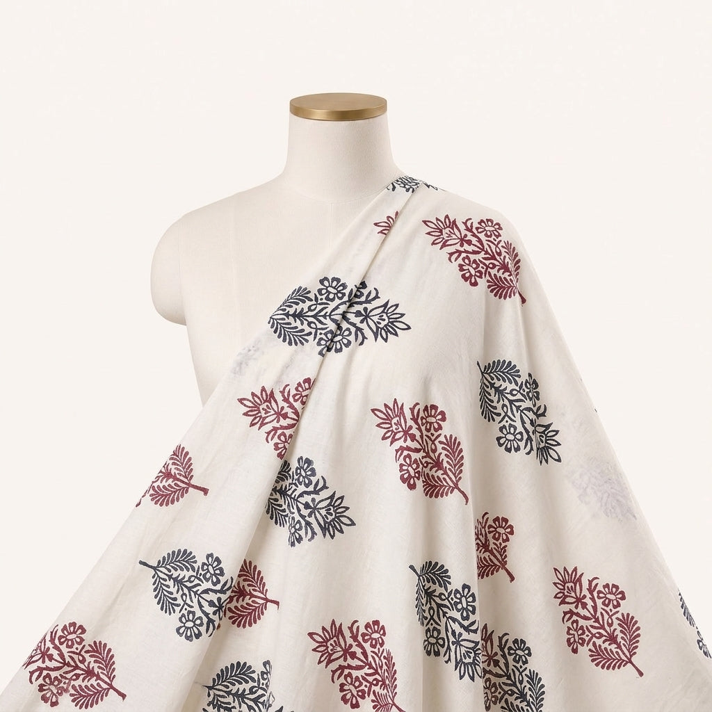 White Hand block Cotton Fabric Draped as a saree