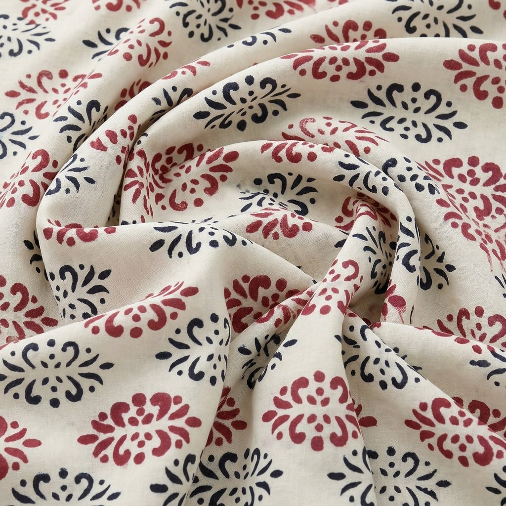 White Hand block Cotton Fabric, swirled to show the drape