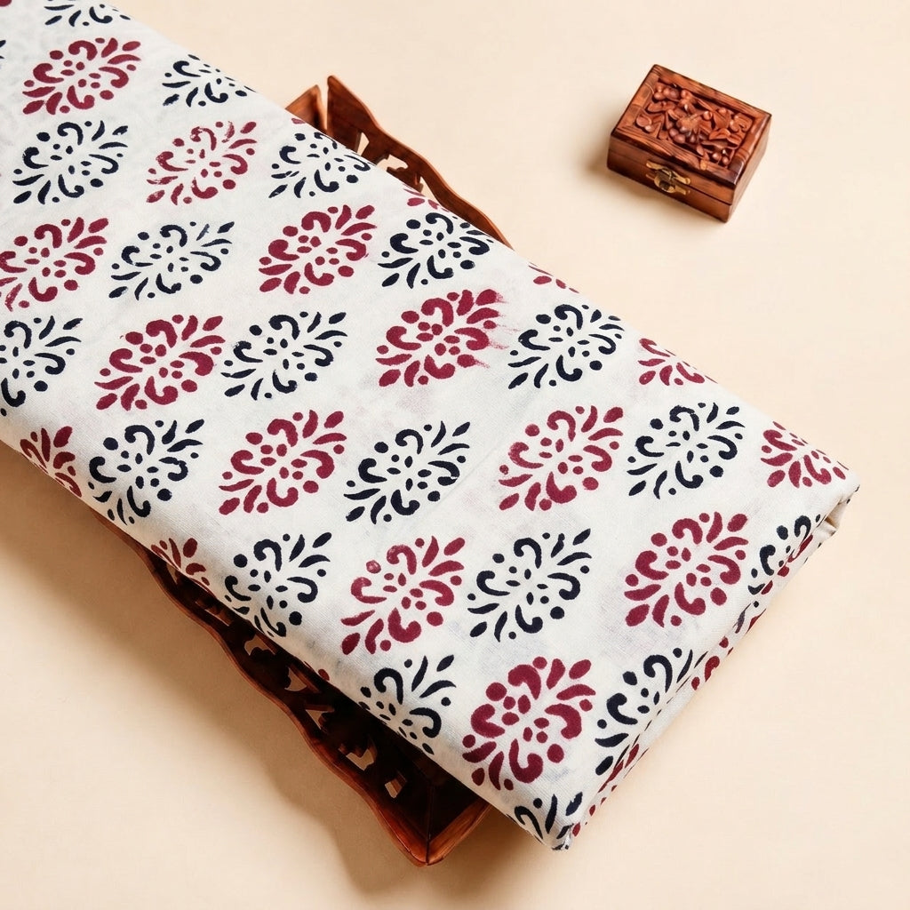 White Hand block Cotton Fabric
