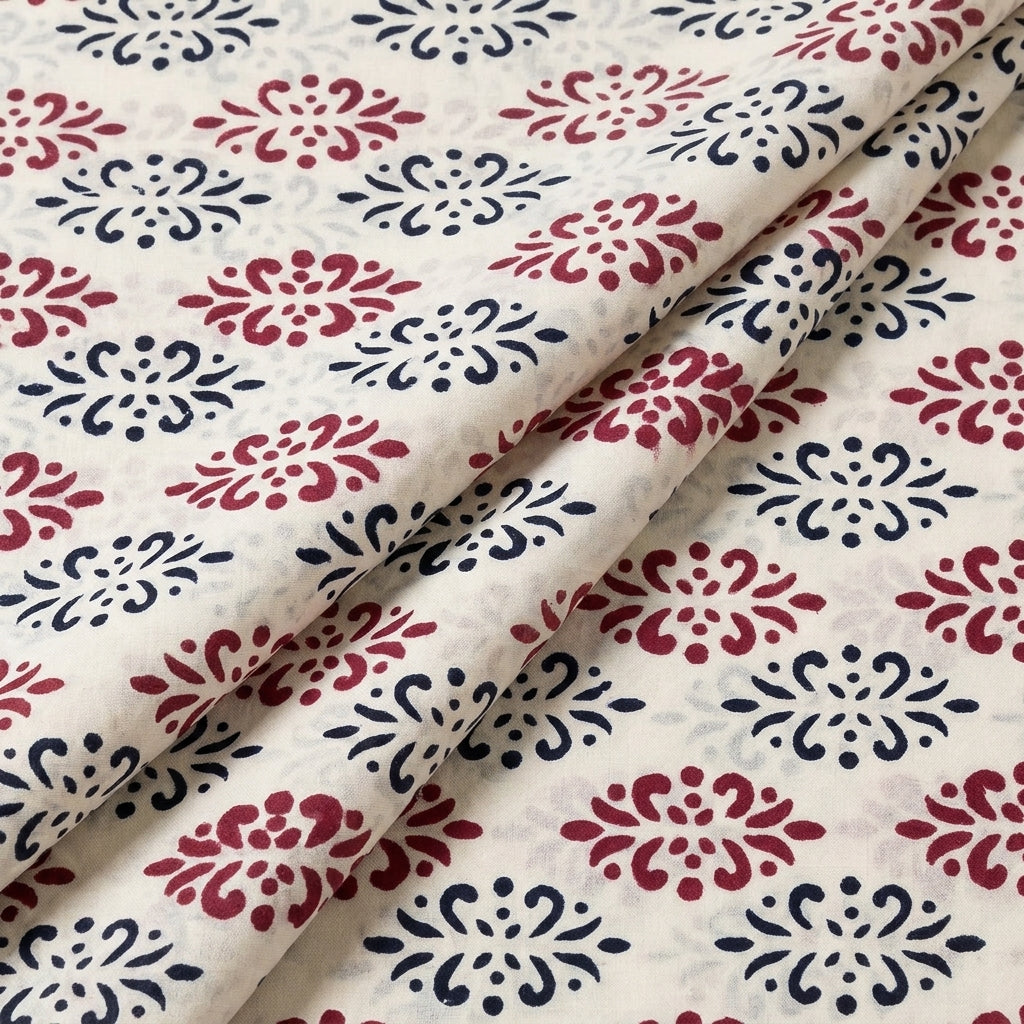 White Hand block Cotton Fabric, folded