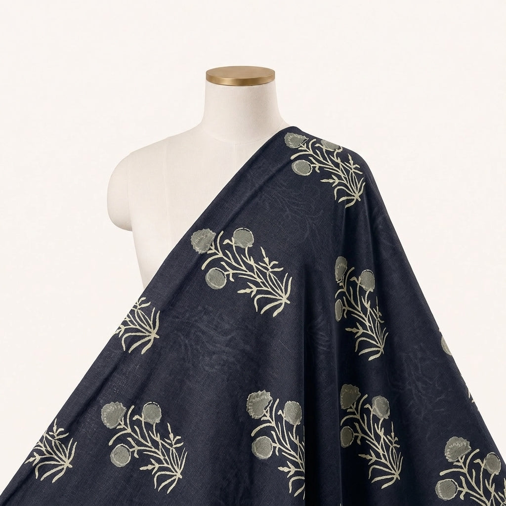 Black Hand block Cotton Fabric Draped as a saree