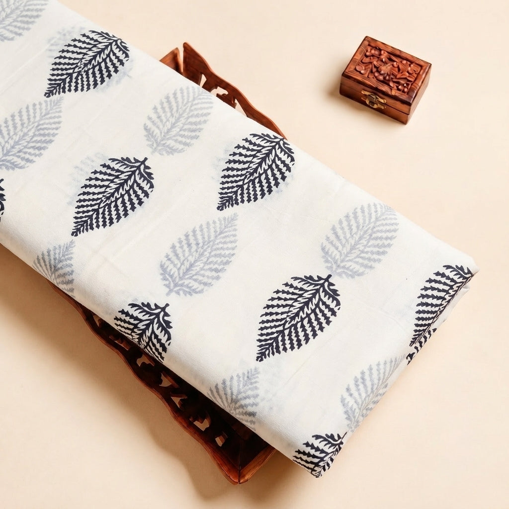 White Hand block Cotton Fabric with Leaf